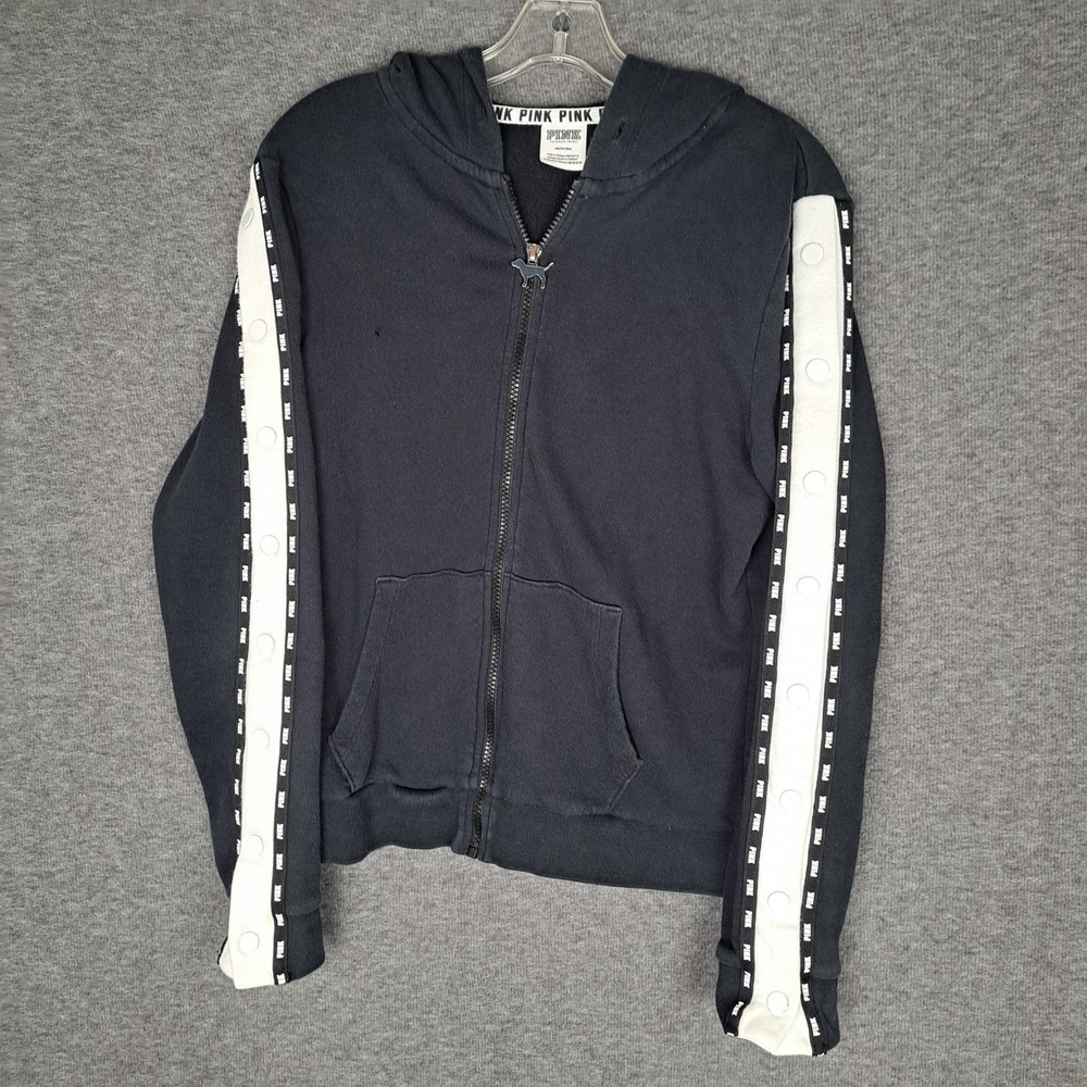 PINK Hoodie Women Medium Black Snap Button Sleeve Logo Zip Up